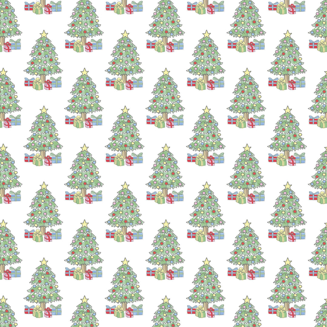 Pattern of Christmas trees and presents on a white background