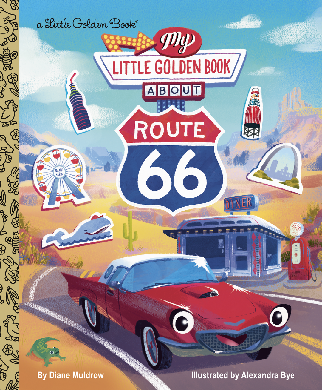 Book cover of 'My Little Golden Book About Route 66' with a vintage car, gas station, and Route 66 sign.