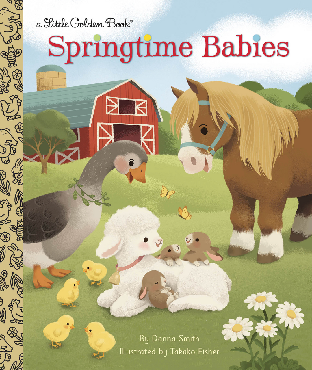 Book cover of 'Springtime Babies' with illustrations of a horse, goose, lamb, and chicks on a farm.