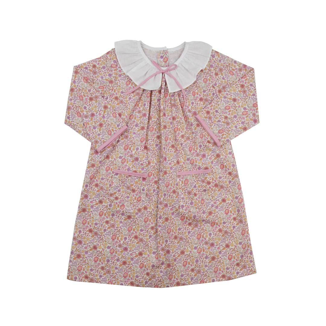 Floral dress with a white collar and pink accents on a white background