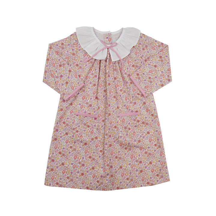 Floral dress with a white collar and pink accents on a white background