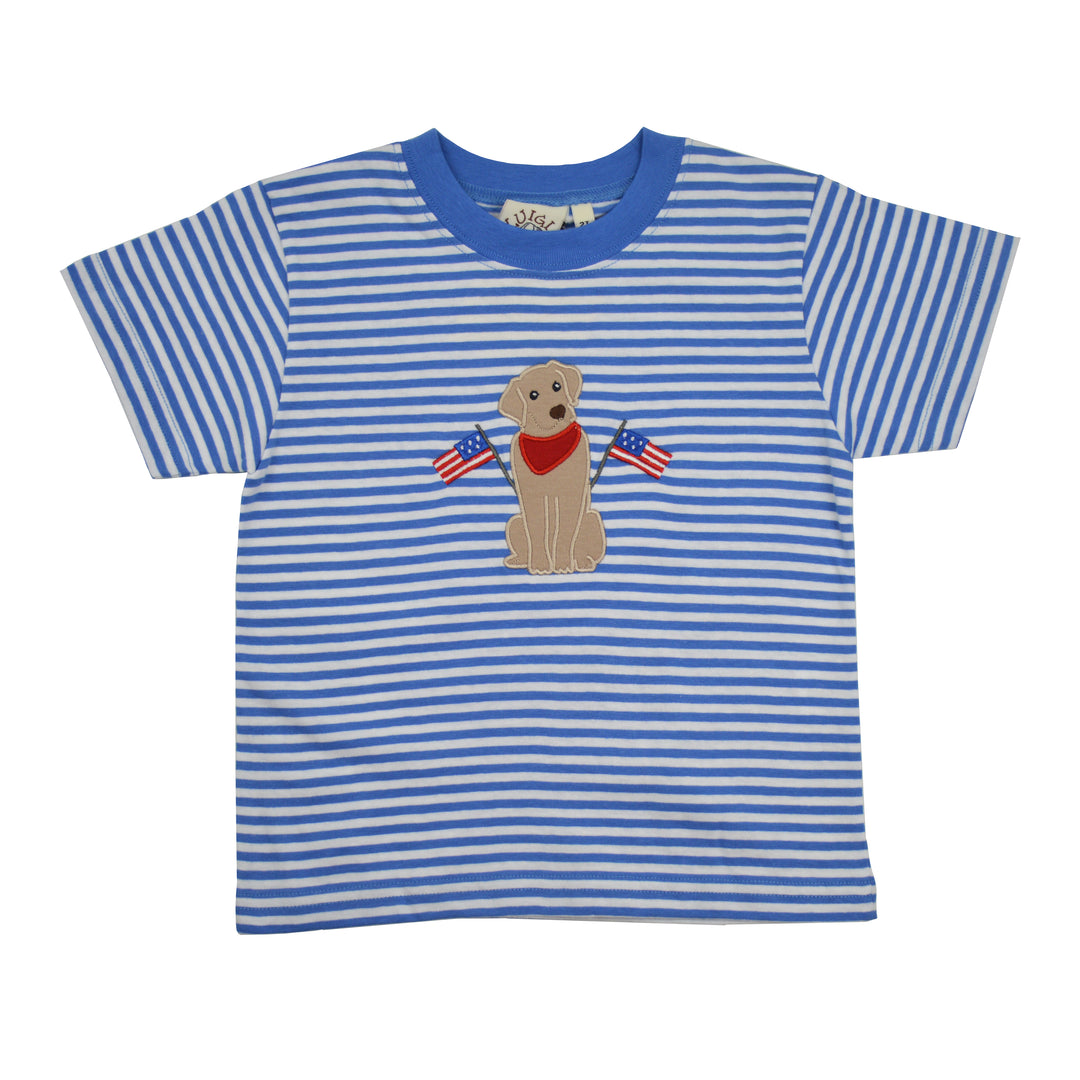 Blue and white striped t-shirt with a dog graphic and American flags on a white background