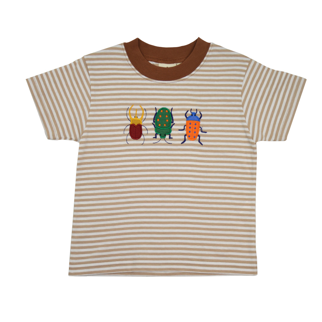 Striped t-shirt with colorful beetle designs on a white background