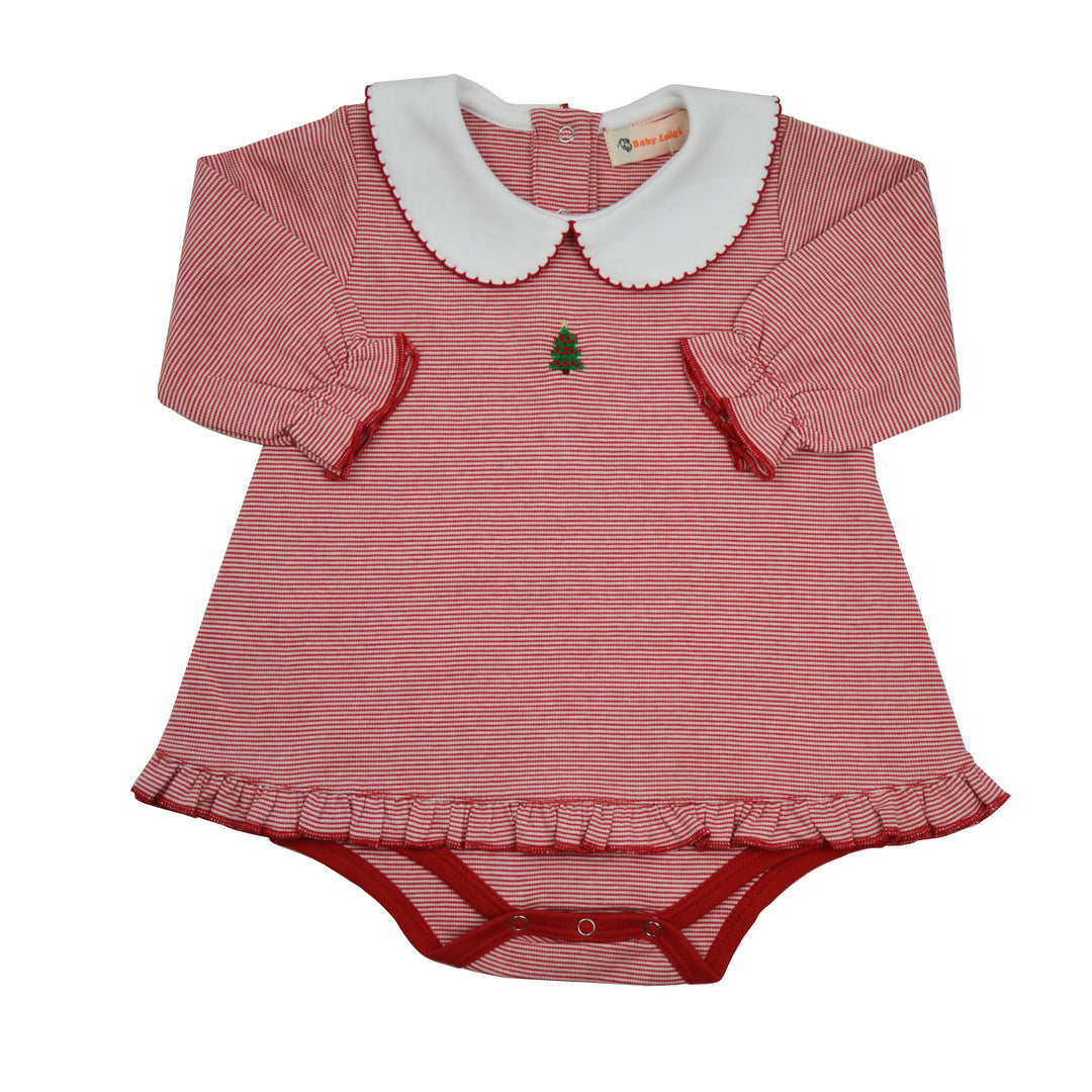 A baby romper with a red and white striped pattern, featuring a white Peter Pan collar, ruffled sleeves, and a small embroidered green Christmas tree on the chest.