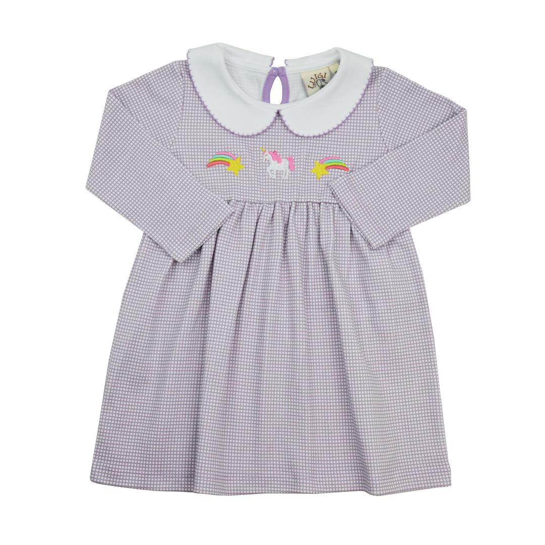 Children's dress with checkered pattern and embroidered details on a white background
