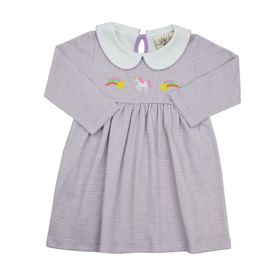 Children's dress with checkered pattern and embroidered details on a white background