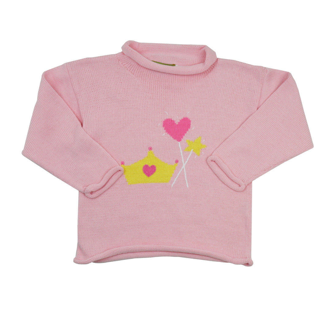 Pink sweater with heart and crown design on a white background