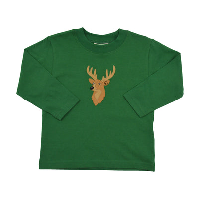 Green long-sleeve shirt with a deer graphic on a white background
