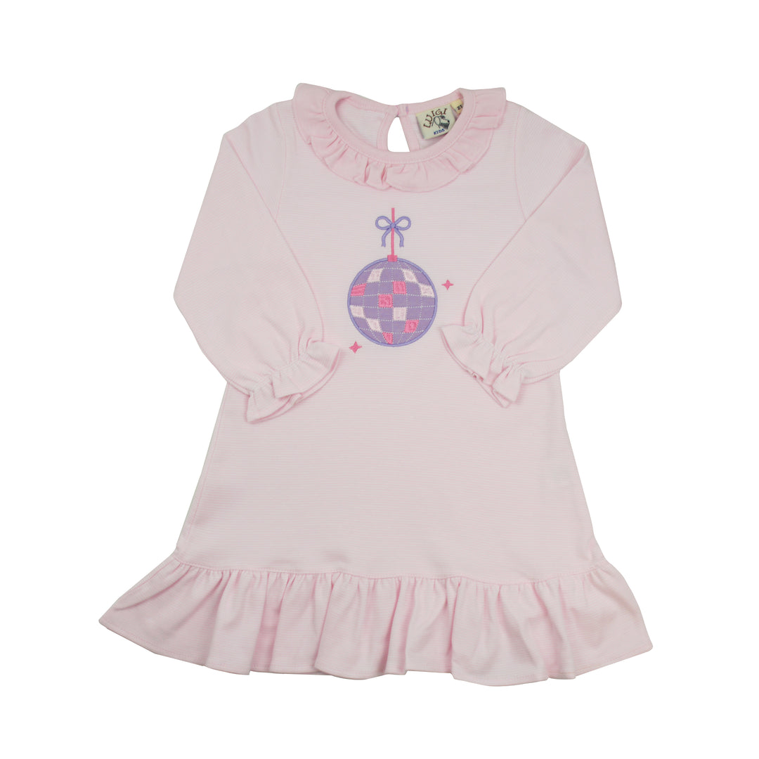 A light pink long-sleeve baby dress with a ruffled collar, ruffled cuffs, and a ruffled hem, featuring a purple and pink disco ball graphic on the chest.