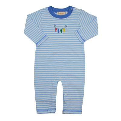 Blue and white striped baby romper with colorful drawstring design on a white background