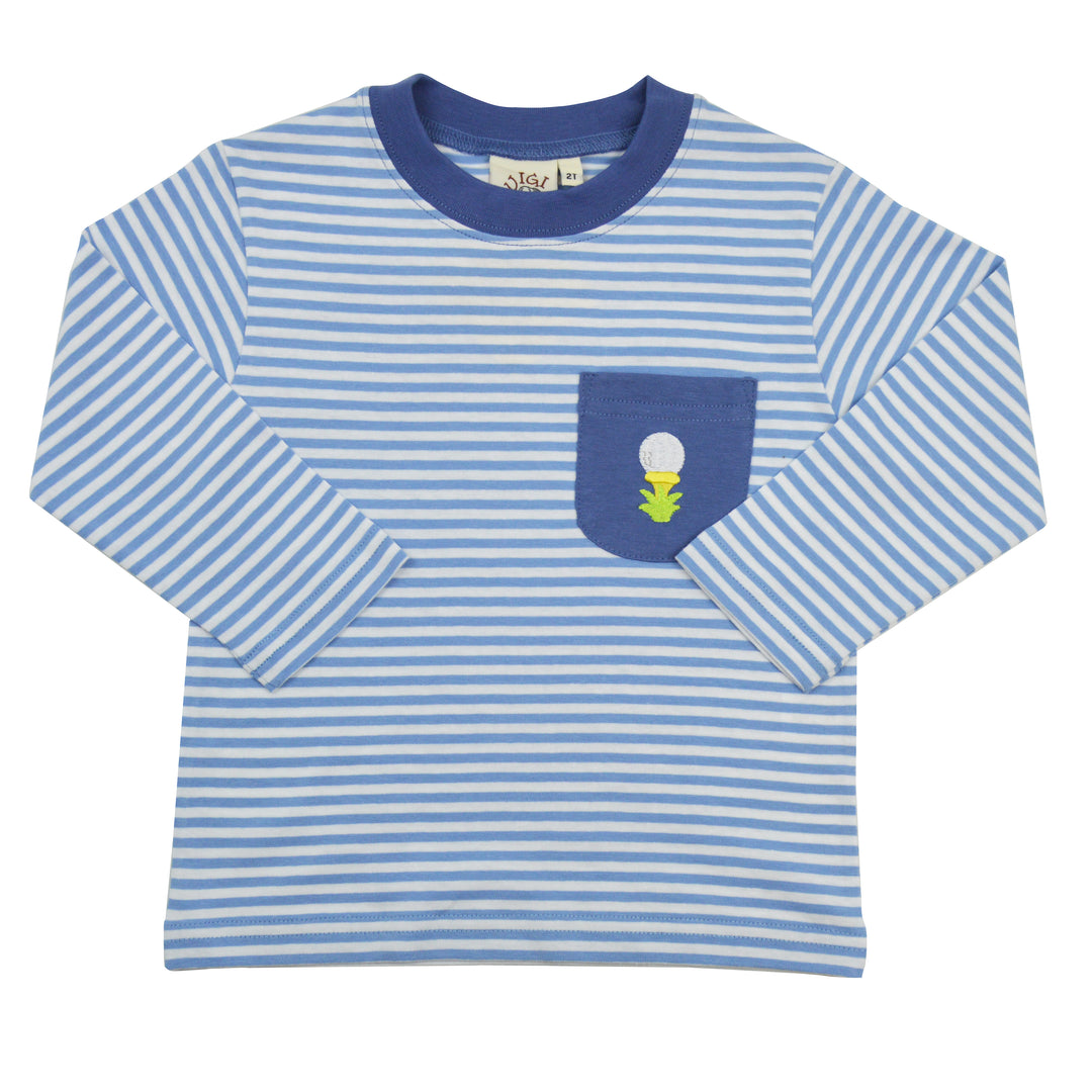 Blue and white striped long-sleeve shirt with a pocket featuring a small design on a white background