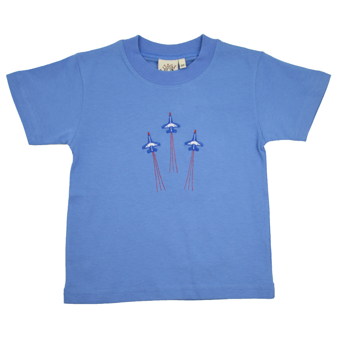 Blue t-shirt with airplane design on a white background