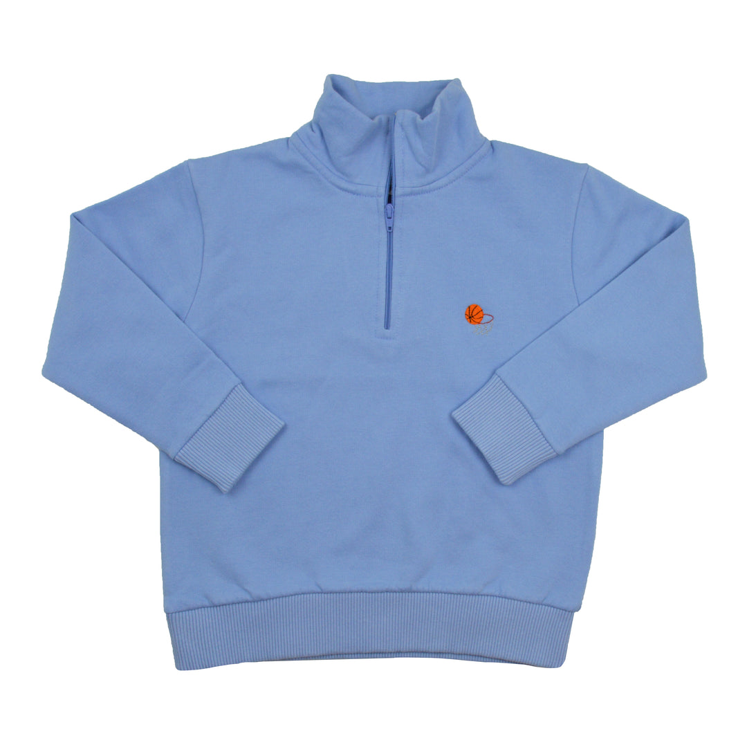 Light blue pullover with a small orange basketball design on a white background