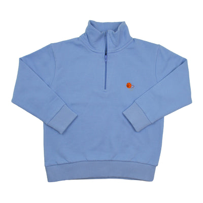 Light blue pullover with a small orange basketball design on a white background