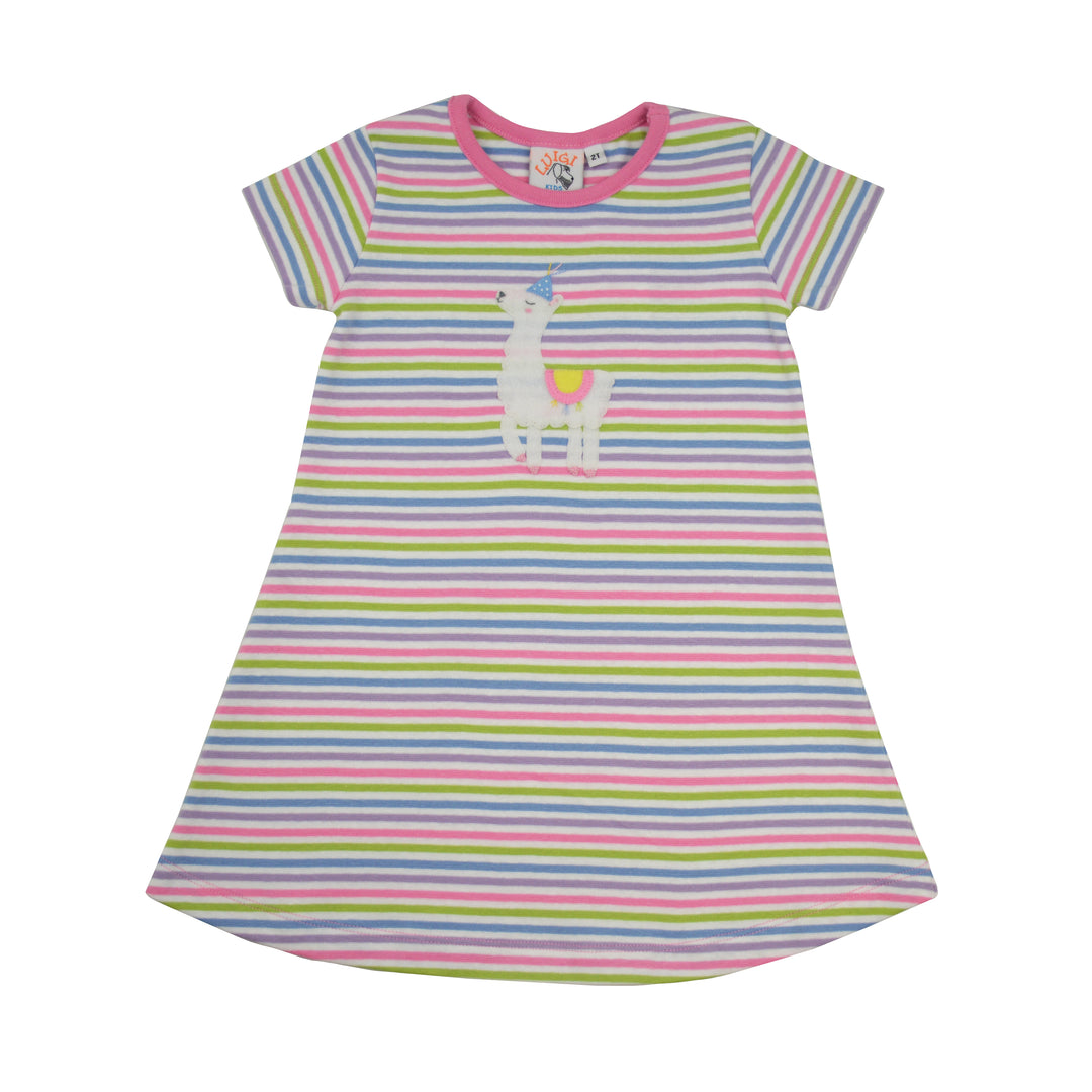Colorful striped dress with a llama design on a white background