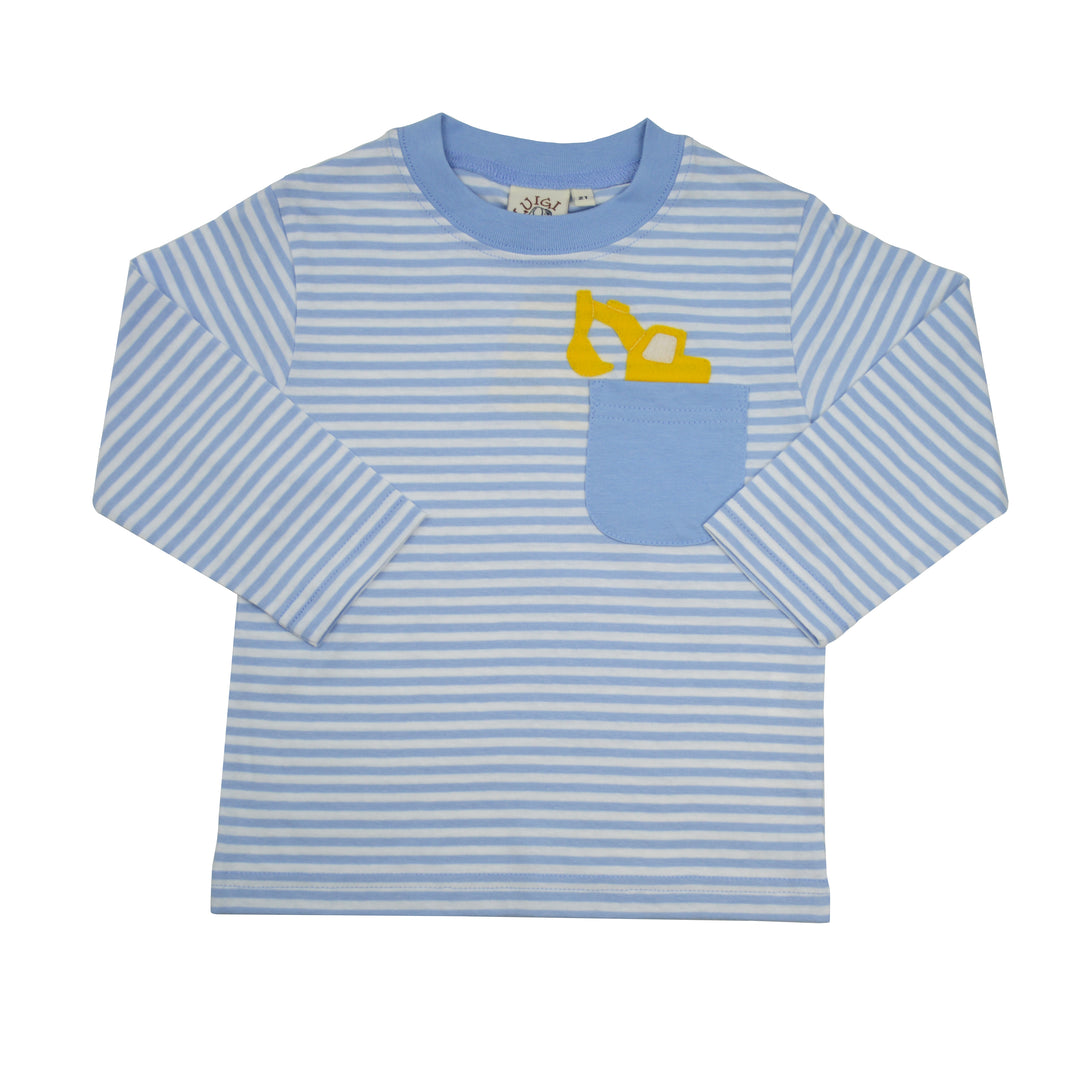 A children's long-sleeve shirt with light blue and white horizontal stripes, featuring a light blue chest pocket with a yellow construction excavator graphic.