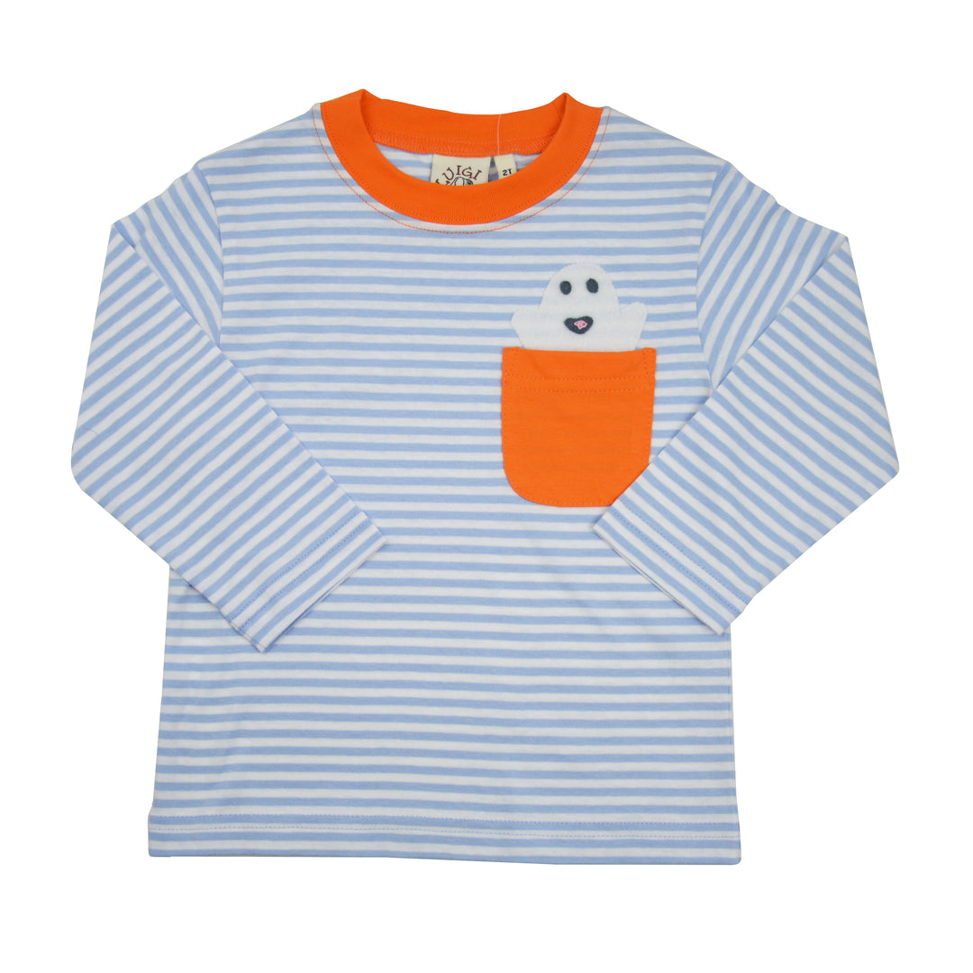 A children's long-sleeve shirt with light blue and white horizontal stripes, featuring a bright orange collar and a matching orange chest pocket. The pocket is adorned with a cute white ghost applique that has embroidered eyes and a smiling mouth.