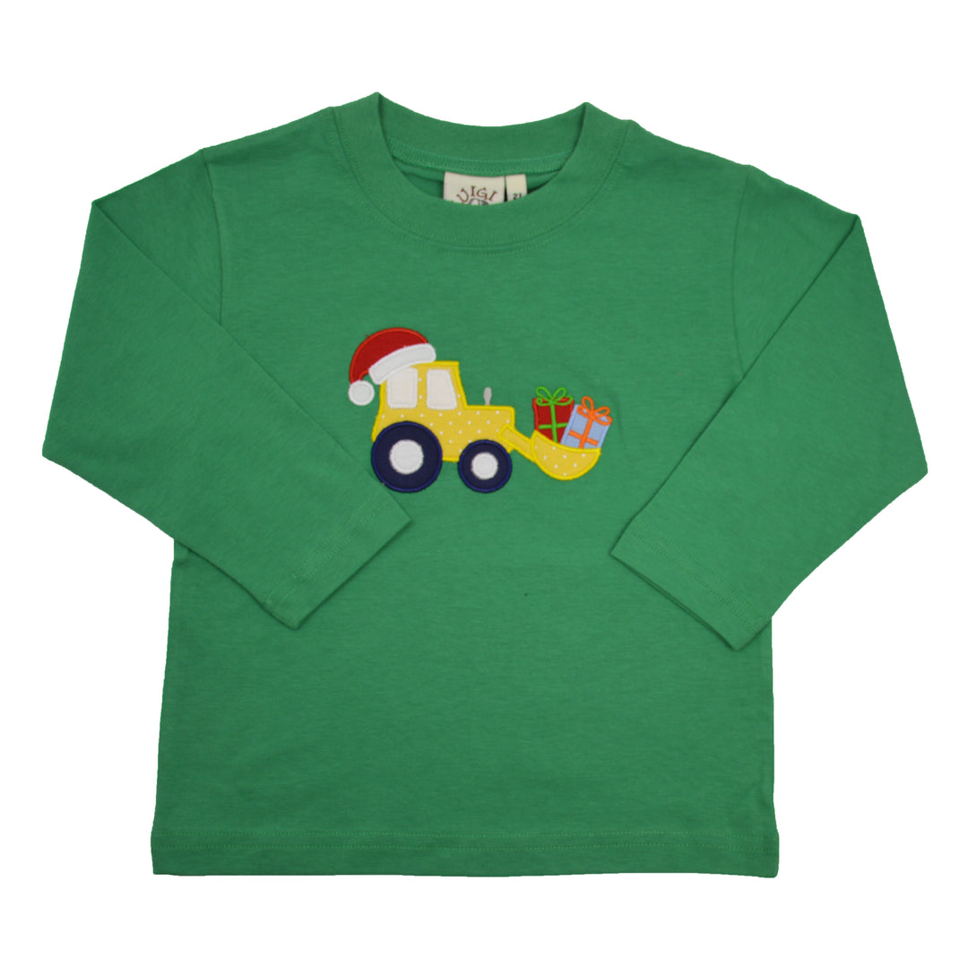 A green long-sleeve t-shirt with a yellow tractor graphic on the chest carrying Christmas presents, set against a plain white background.