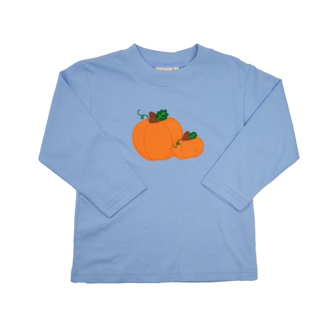 A light blue long-sleeve t-shirt with a graphic of two orange pumpkins on the chest, displayed flat against a white background.