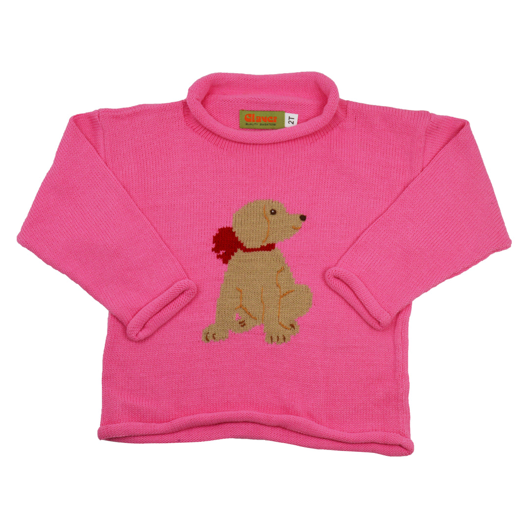 Pink sweater with a dog design on a white background
