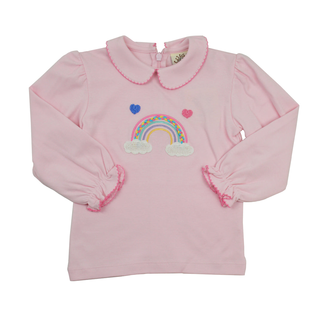 Pink children's shirt with rainbow and heart designs on a white background