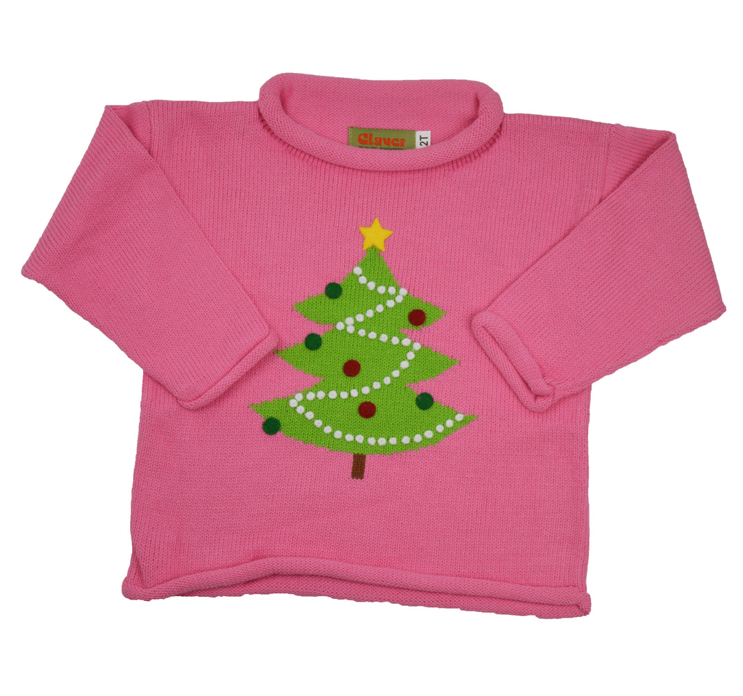 A pink long-sleeve knit sweater with a green Christmas tree design on the front, featuring a yellow star, white lights, and red ornaments, shown on a plain white background.