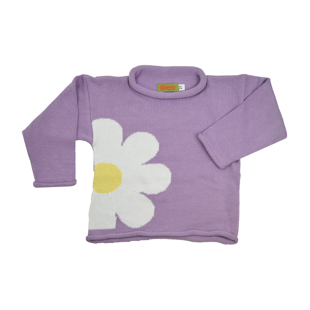 A lavender purple knit long-sleeve sweater for toddlers, featuring a large white daisy with a yellow center knitted onto the front.
