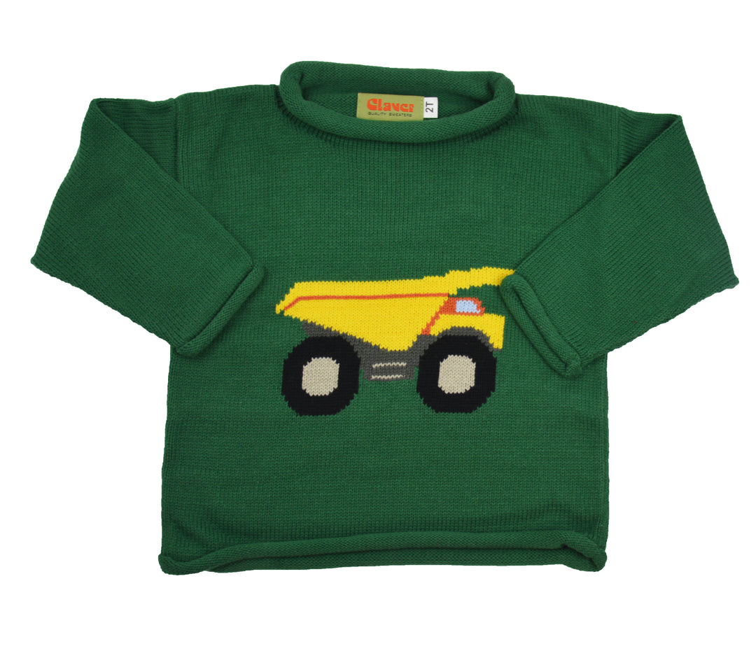 A green long-sleeve knit baby sweater featuring a knitted yellow dump truck on the front, displayed flat against a white background.