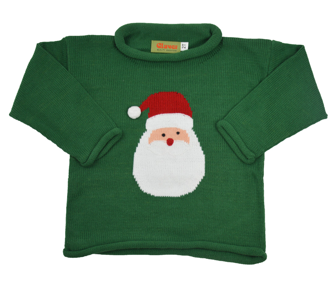 A green long-sleeve knit sweater with a knitted Santa Claus face and hat on the front, displayed flat against a white background.
