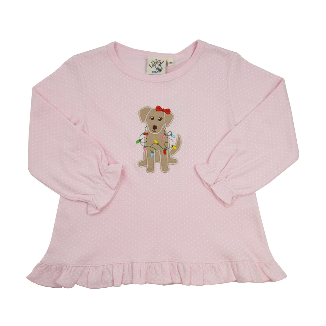 A pink long-sleeve baby top with a ruffled hem, featuring a cute dog applique on the chest holding Christmas lights.
