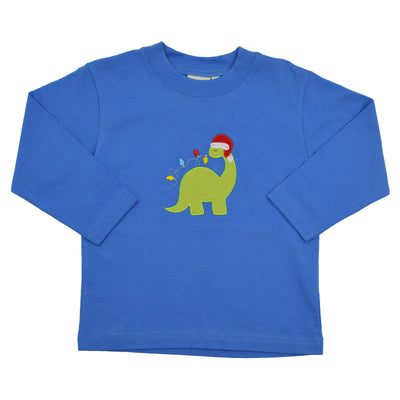 Blue long-sleeve shirt with a green dinosaur wearing a red Santa hat on a white background