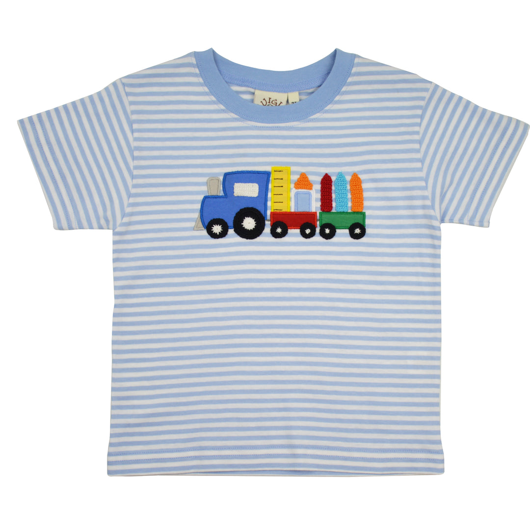 Children's t-shirt with a blue and white striped pattern and a colorful train design on a white background.