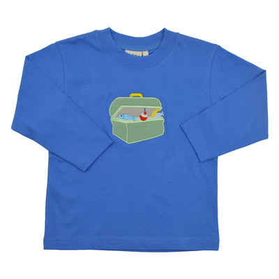 Blue long-sleeve shirt with a fishing tackle box design on a white background
