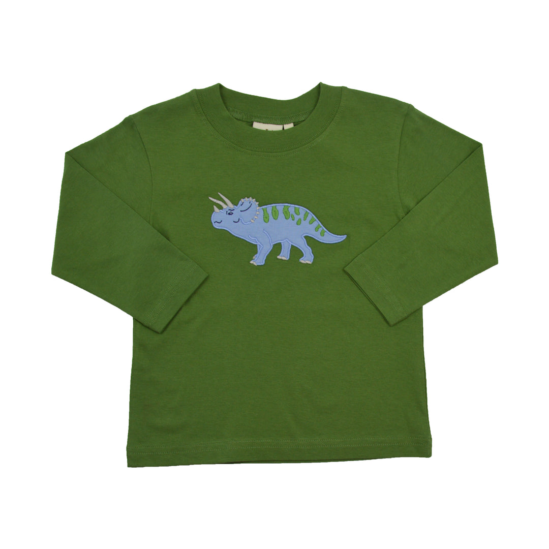 Green long-sleeve shirt with a blue dinosaur design on a white background