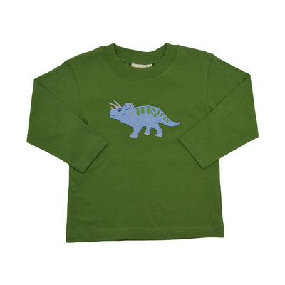 Green long-sleeve shirt with a blue dinosaur design on a white background
