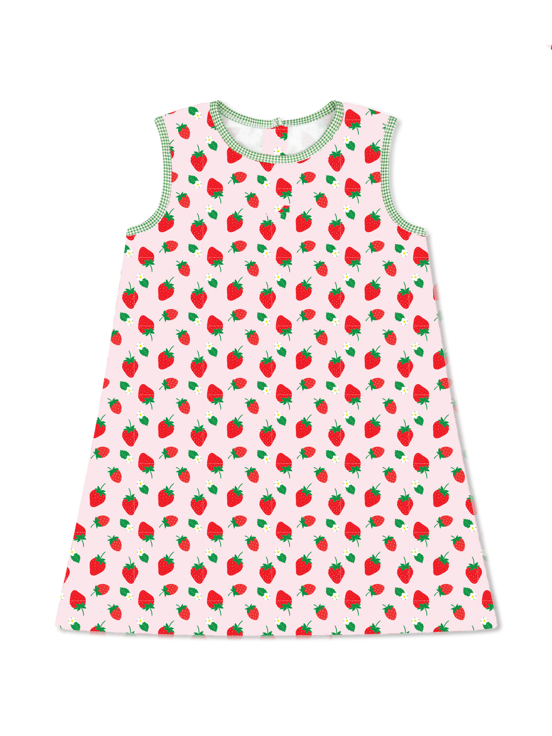 Sleeveless dress with strawberry pattern on a white background