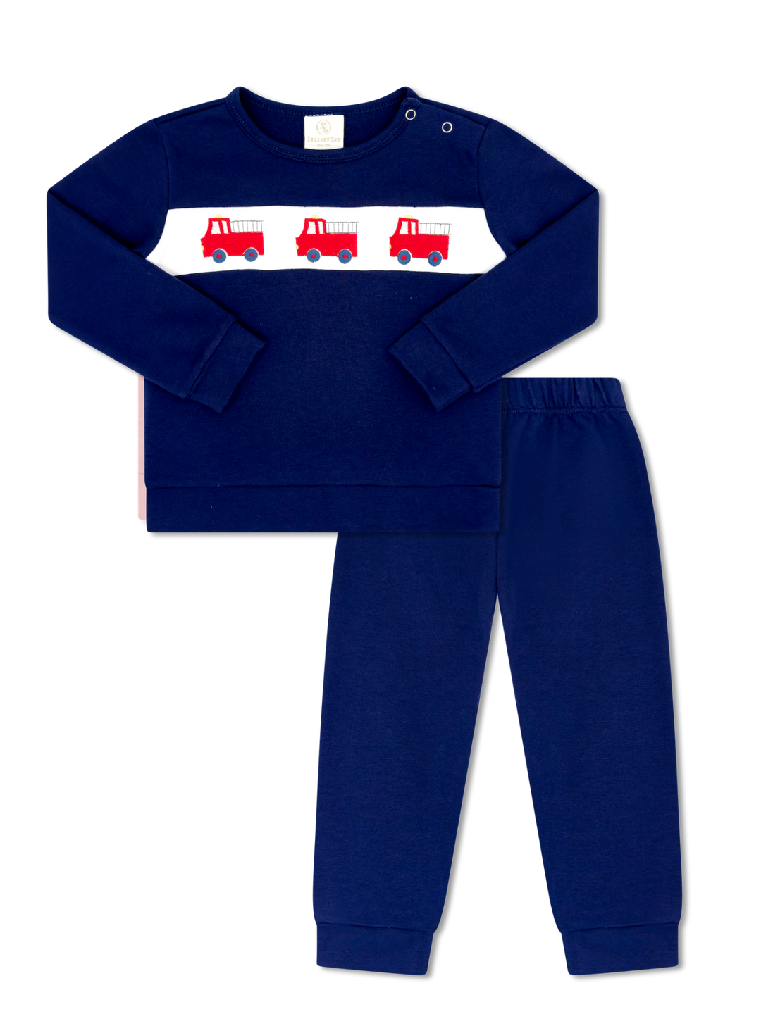 Navy blue children's outfit with red fire trucks