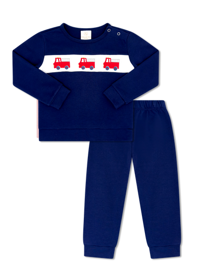 Navy blue children's outfit with red fire trucks