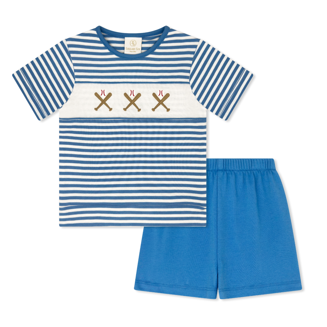 Children's blue and white striped shirt with baseball design and matching shorts on a white background