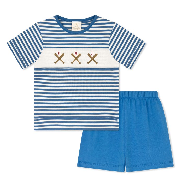 Children's blue and white striped shirt with baseball design and matching shorts on a white background