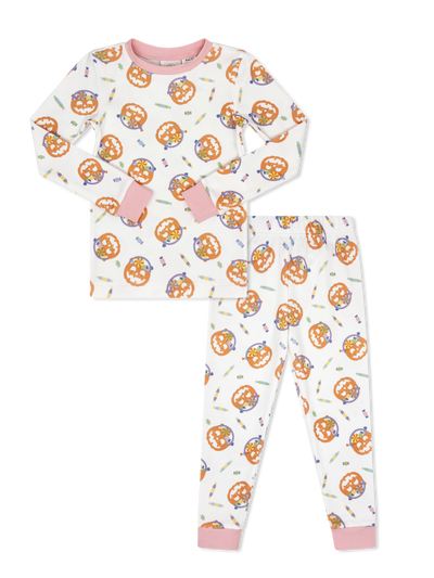 Children's pajama set with Halloween-themed design on a white background