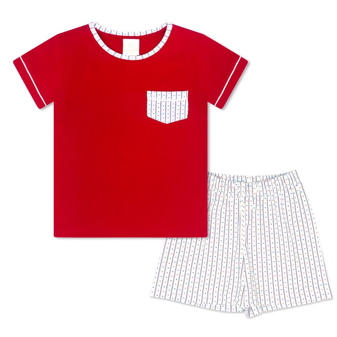 Red t-shirt with a white pocket and checkered shorts on a white background