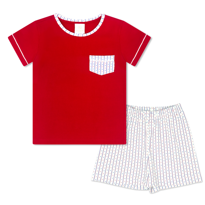Red t-shirt with a white pocket and checkered shorts on a white background