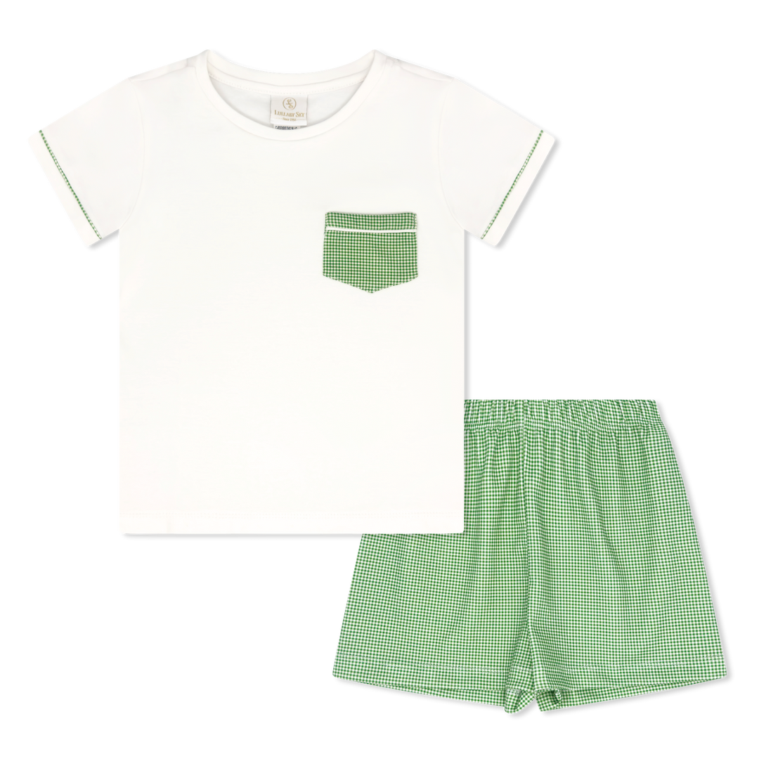 Green checkered shorts and white t-shirt with green pocket on a white background