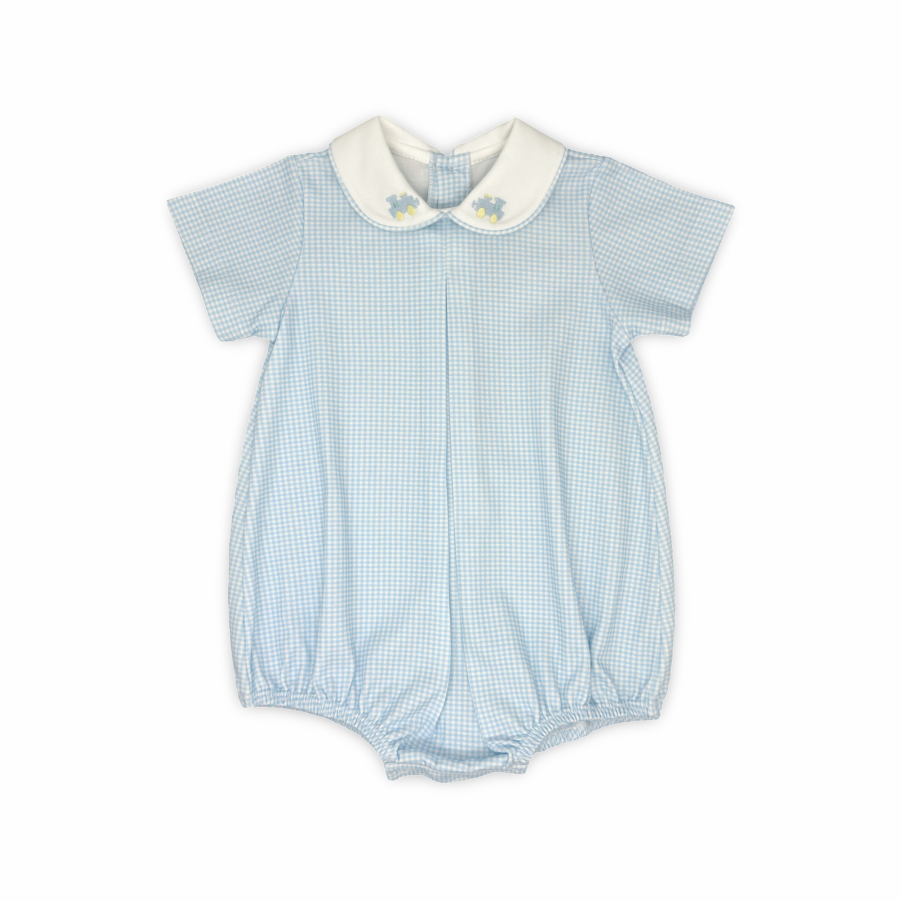 Baby romper with blue checkered pattern and white collar on a white background