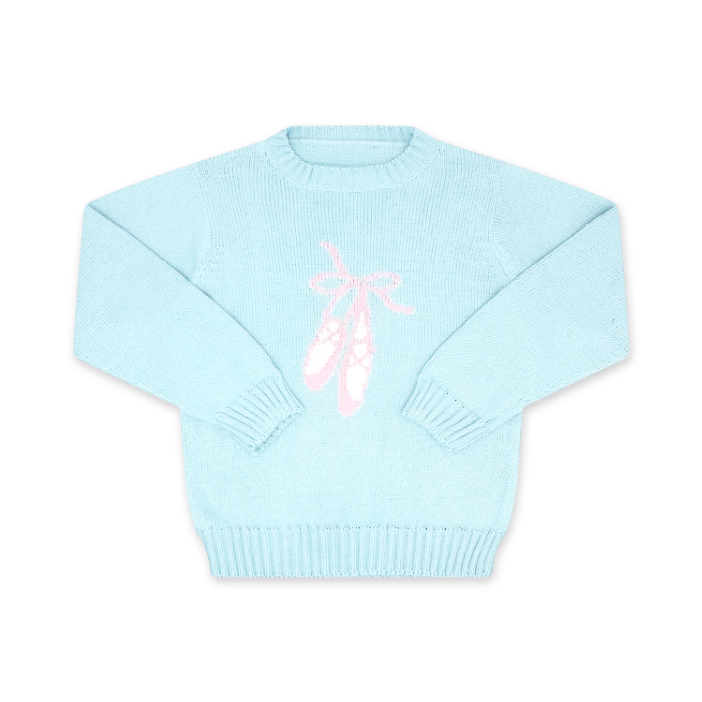 Light blue sweater with a pink and white design on a white background