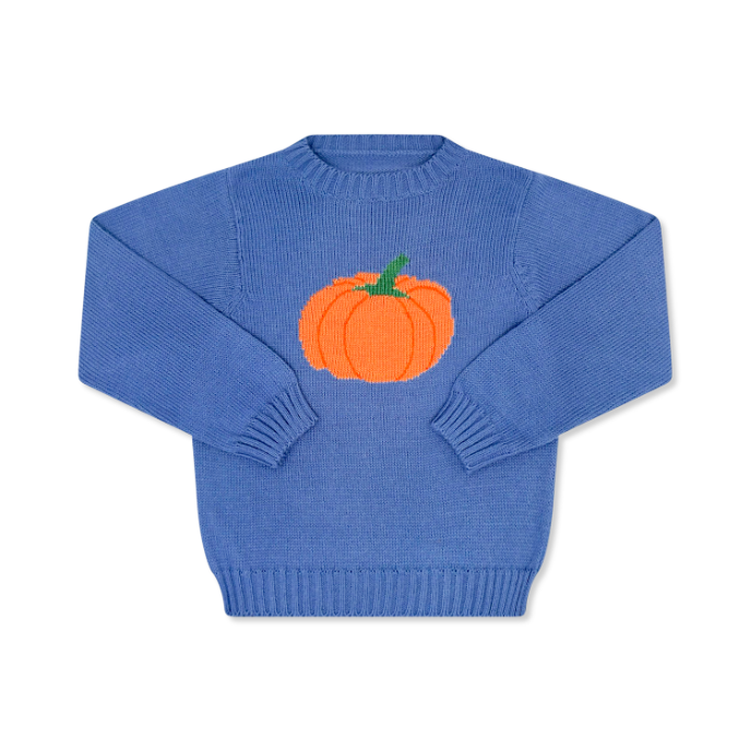 Blue sweater with an orange pumpkin design on a white background