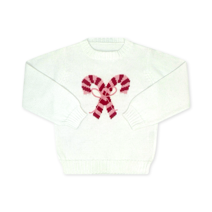 White sweater with a red and white candy cane design on a white background