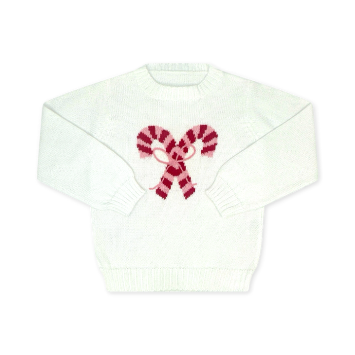 White sweater with a red and white candy cane design on a white background
