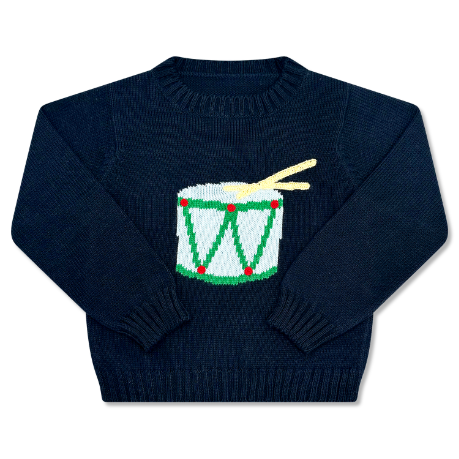 Navy blue sweater with a drum design on a white background